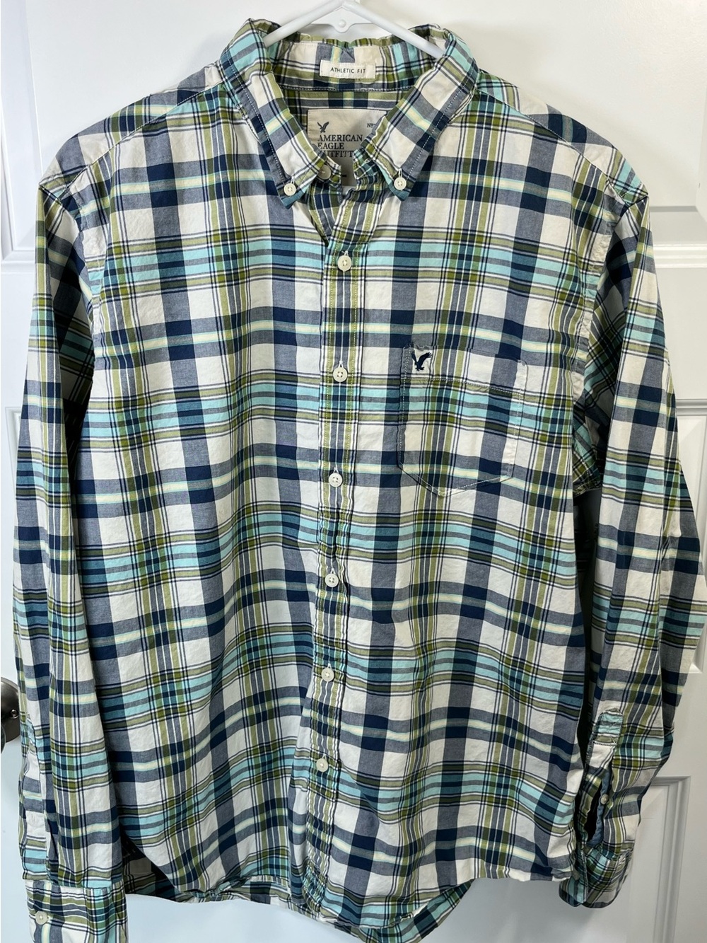 Y2K American Eagle Plaid Button Down Shirt Large Fits XL Blue Green Cotton